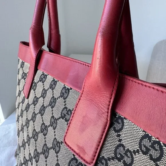 GUCCI Tote Bag GG Pattern Canvas Leather Beige Red Authentic